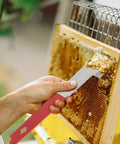 Using Heavy Duty Stainless Steel J Hook Hive Tool 10.6 Inch Beehive Scraper And Frame Lifter to scrape honeycomb frame