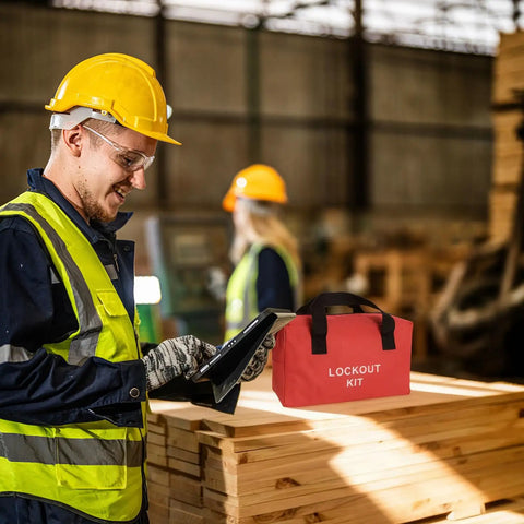 Heavy Duty Lockout Tagout Bag For Electrical Kits Large Capacity LOTO Carry Pouch with handles on a workbench in a warehouse