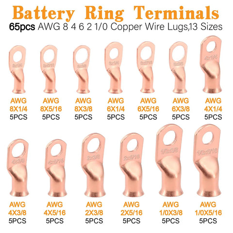 All In One Battery Terminal Kit With 260 Pcs AWG 8 To AWG 1 0 Bare Copper Ring Terminals Non Insulated Butt Connectors displayed