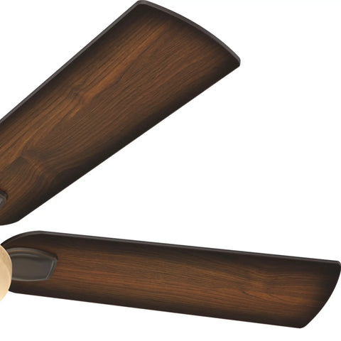 Close-up of two wooden blades of the Matheston Indoor and Outdoor Ceiling Fan with Light and Pull Chain Control.