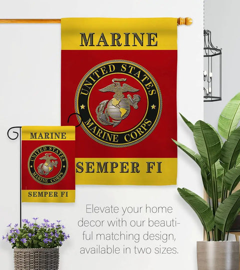 Semper Fi Two Sided Garden Flag For Lawn And House Decor 13 By 18.5 Inches Weatherproof Polyester Banner For Marine Corps Veterans Made In USA Two Sided Print Fade Resistant displayed on a porch with plants