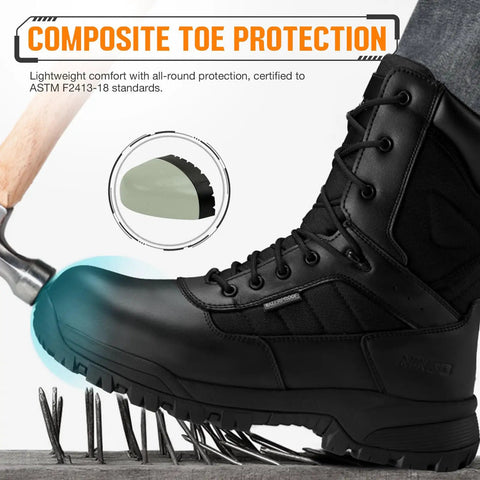 Composite Toe Work Boots For Men With Side Zipper Waterproof Leather Non Slip And Puncture Proof Safety Shoes Lightweight 8 Inch Construction Boots Built Tough For Job Sites And Outdoor Projects