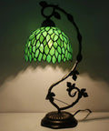 Green Tiffany Style Stained Glass Desk Lamp With Wisteria Pattern, 21 Inch Tall Table Light, Metal Leaf Base In Bronze Finish, UL Listed