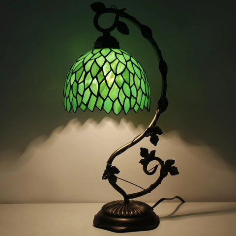 Green Tiffany Style Stained Glass Desk Lamp With Wisteria Pattern, 21 Inch Tall Table Light, Metal Leaf Base In Bronze Finish, UL Listed