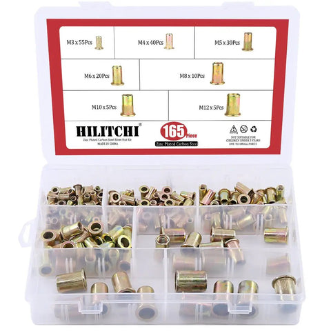 165 Piece Mixed Zinc Plated Carbon Steel Rivet Nut Kit With Threaded Rivnuts M3 Through M12 in clear plastic case