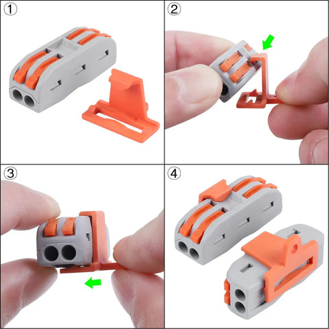 Assembly steps of 50 Pack Lever Wire Nut Electrical Connectors With Fixed Base For 2 Circuit Inline Splices 28-12 AWG Wiring