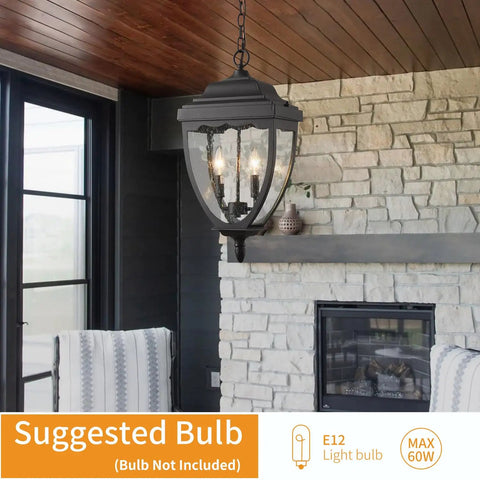 Outdoor Pendant Light Fixture For Porch And Entryway In Black Finish With Seeded Glass Lantern Chandelier Built For Farmhouse Foyer And Exterior Doorways