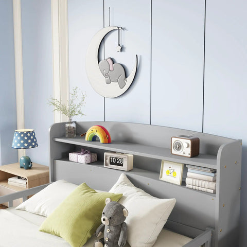 Full Pine Wood Bed With Bookcase Headboard And LED Motion Sensor Light Gray Finish Built In Guardrails Easy Assembly Durable Solid Wood Frame Modern Kid Friendly Teen Bedroom Furniture