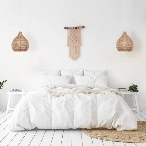 Japandi Inspired Tika 1-Light Pendant With Natural Blonde Twine Shade And White Cloth Cord Rustic Chic Ceiling Light