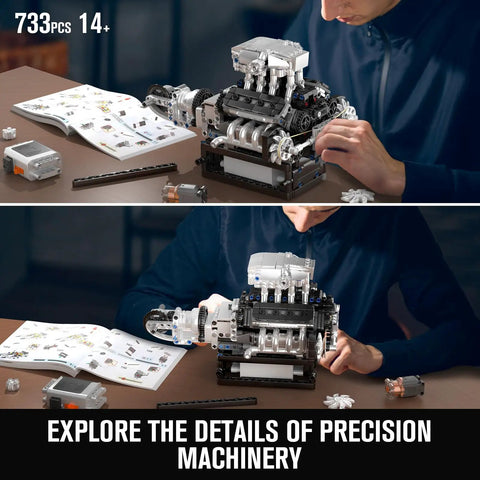 Person assembling V8 Engine Build Kit That Runs Create Your Own Car With Realistic Combustion Engine Blocks, 733 pieces