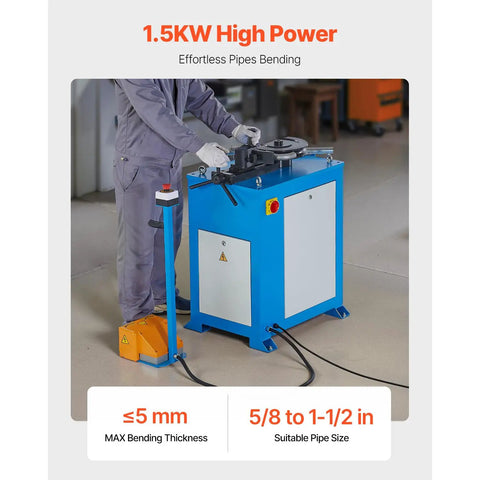 Heavy Duty Electric Pipe Bender Providing No Sweat Bending For Fast Metal Fabrication Featuring Five Precision Steel Dies in use.
