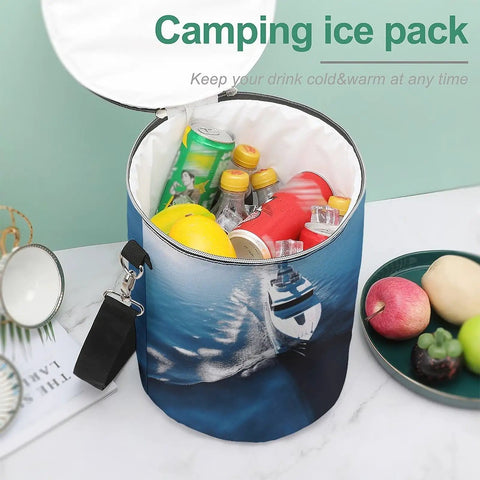 Yacht Printed Go-To Cooler Backpack Insulated Leakproof Lunch Bag filled with drinks and fruits on a table