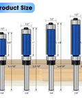 No Hassle 4 Piece Flush Trim Router Bit Set With 1/4 Inch Shank And Top Bottom Bearings showing size dimensions on wood surface.