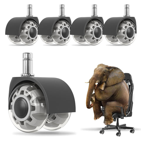 Heavy Duty 2 Inch Office Chair Wheels Set Of 5 Universal Fit Rubber Casters For Carpet And Hardwood Floors Replacement Wheels With 7/16 By 7/8 Inch Stem Compatible With Ninety Eight Percent Of Office Chair Brands, shown with elephant.