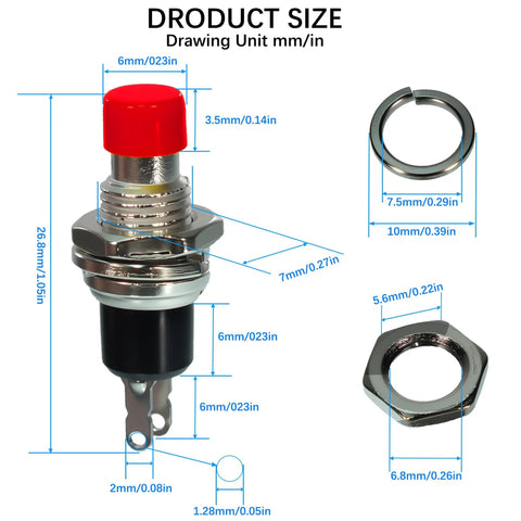 Diagram of 30 Pack SPST Momentary Push Button Switches Normally Open 1A 250V AC Two Pin PBS-110 Red And Black Color Coded