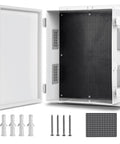 Outdoor Waterproof Electrical Junction Box With Internal Mounting Panel And Hinged Cover, Rugged ABS Weatherproof Enclosure For Outdoor Use, IP65 Dust And Water Resistant, Large Access Box For Wiring And Panels; open white ABS box with panel