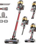 AIPOWAY 650W cordless vacuum with red wand, 2.5L dual-cup dustbin, HEPA filter, anti-tangle brush, and attachments.