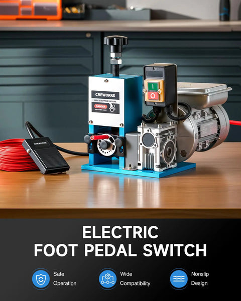 Electric Wire Stripper Machine For Scrap Copper Automatic 0.06 To 1 Inch Wire Stripping Five Channel Copper Wire Stripper Power Tool With 180W Motor shown on a wooden desk with foot pedal and motor.