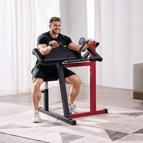 Man using 2 In 1 Bicep Curl And Triceps Extension Machine With Seated Arm Isolated Station for arm workouts at home.