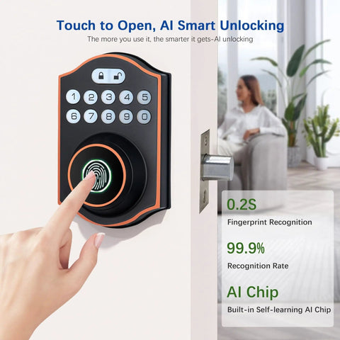 No Sweat Smart Fingerprint Door Lock Featuring Keyless Entry Deadbolt And Electronic Touchscreen in action with fingerprint access.