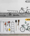 Before and after image showing Heavy Duty Garage Hooks Kit in use, organizing a ladder, bike, and tools on a garage wall.
