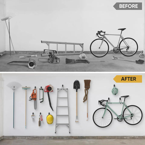 Before and after image showing Heavy Duty Garage Hooks Kit in use, organizing a ladder, bike, and tools on a garage wall.
