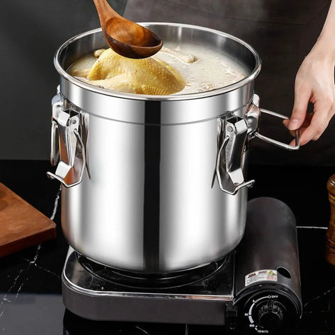 Heavy Duty 304 Stainless Steel Airtight Pantry Canister with handle cooking on stove with soup ingredients