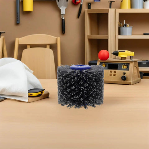 Drill Abrasive Polishing Wheel With Carborundum And Nylon Fiber Black Buffing Wheel For Wood Furniture And Doors on workshop table