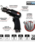 Air Hammer Kit With 4 Chisels And Built In Regulator For Auto Body Repairs Pro Grade Performance Quick Change Retainer Durable Pneumatic Hammer For Panel Cutting Rivet Removal And Exhaust Work Model M550DB