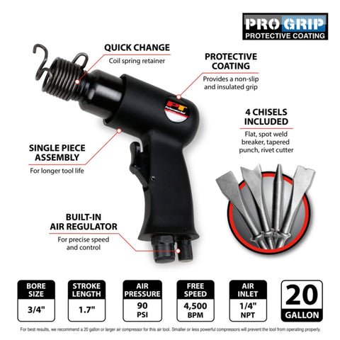 Air Hammer Kit With 4 Chisels And Built In Regulator For Auto Body Repairs Pro Grade Performance Quick Change Retainer Durable Pneumatic Hammer For Panel Cutting Rivet Removal And Exhaust Work Model M550DB