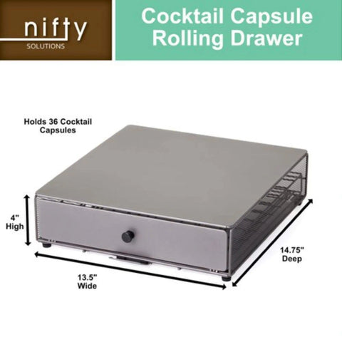 Cocktail Capsule Drawer for Bartesian, Holds 36 Pods With Smooth Glide Rolling Drawer, silver finish with size dimensions shown