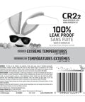 Back packaging of Ready To Roll High Capacity CR2 Lithium Batteries 2 Pack 3V Photo Power Cells with usage instructions and warnings.