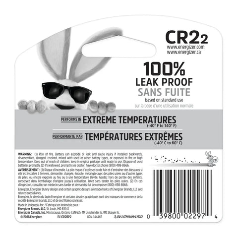Back packaging of Ready To Roll High Capacity CR2 Lithium Batteries 2 Pack 3V Photo Power Cells with usage instructions and warnings.