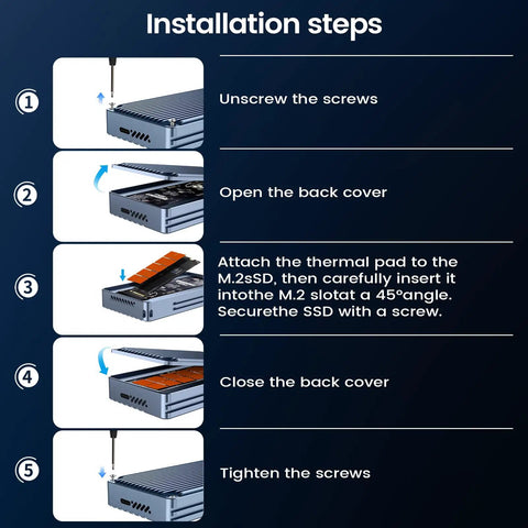 Installation steps for Thunderbolt 5 M.2 NVMe SSD Enclosure With 80Gbps Knockout Speed and Heavy Duty Cooling Fan.