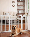 Extra Wide Walk Through Baby And Dog Gate Auto Close Dual Lock White Safety Barrier in living room with Golden Retriever.