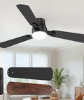 42 Inch Modern Ceiling Fan With Lights And Remote, Low Profile Flush Mount, shown in living room with remote and reversible blades