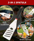 3-in-1 stainless steel spatula with meat tenderizer and bottle opener from Heavy Duty 4 Piece Barbecue Tools Set in use at outdoor gathering