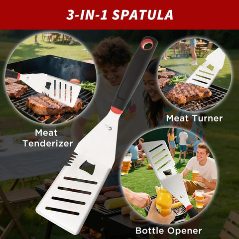 3-in-1 stainless steel spatula with meat tenderizer and bottle opener from Heavy Duty 4 Piece Barbecue Tools Set in use at outdoor gathering