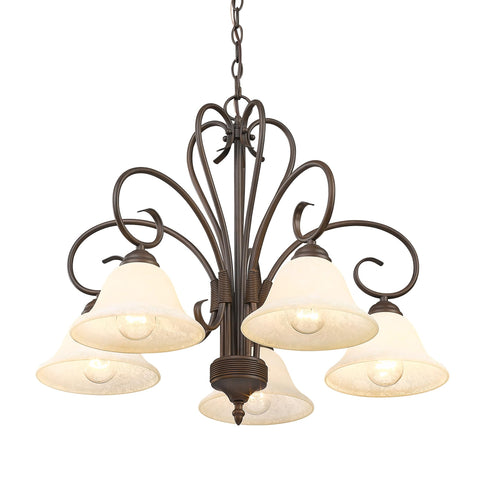 Homestead Rubbed Bronze Chandelier with Warm Tea Stone Glass for dining room ceiling light in transitional eclectic style.