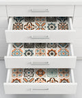 Open drawers lined with Boho Peel And Stick Wallpaper For Kitchen Backsplash Gray Pattern Vinyl Self Adhesive Removable 17.7 Inch