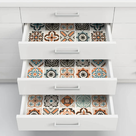 Open drawers lined with Boho Peel And Stick Wallpaper For Kitchen Backsplash Gray Pattern Vinyl Self Adhesive Removable 17.7 Inch