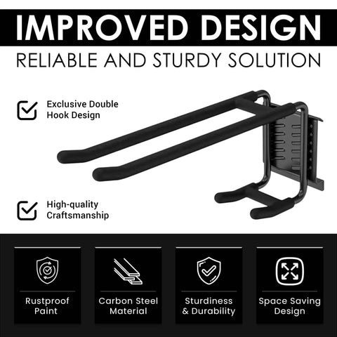 Close-up of the 9 Piece Garage Slatwall Hook Kit With 6 Double Utility Hooks And 3 Mounting Plates, extra heavy-duty design.