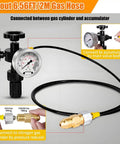 Pro Grade Hydraulic Accumulator Kit With Nitrogen Fill, showing gas valve test setup, pressure gauge, hose, and adapters
