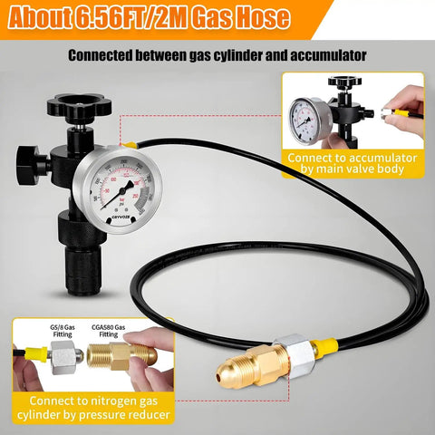 Pro Grade Hydraulic Accumulator Kit With Nitrogen Fill, showing gas valve test setup, pressure gauge, hose, and adapters