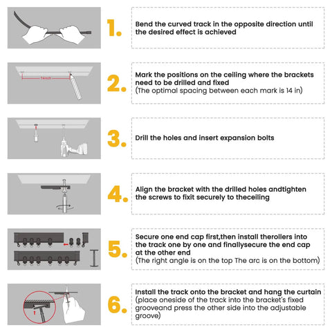 Flexible Ceiling Curtain Track System For Home And RV Dope Bendable Curtain Rail Mount That Supports Room Dividers, Bunk Beds, And Curved Layouts, 9.8 Ft Long Black Quick Install With Sleek Unobtrusive Look. Installation steps diagram for black ceiling track with brackets and rollers.