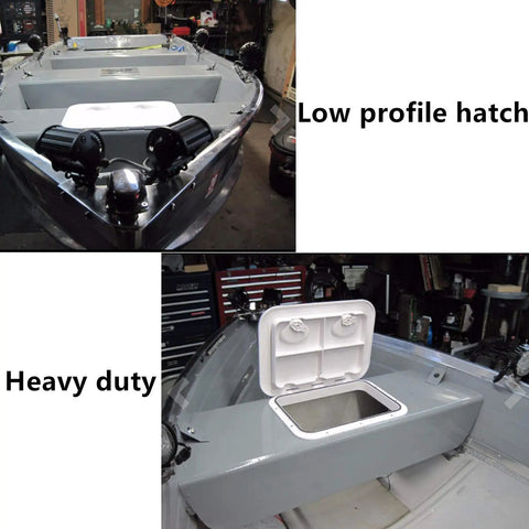 Rectangular Boat Hatch Cover 17-1/4 By 12-3/8 Inches Weatherproof Heavy Duty shown open on marine deck with ABS material