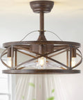 Metnaour 20 Inch Fandelier Caged Ceiling Fan with Lights and Remote, Rustic Farmhouse Bladeless Ceiling Fan, Dark Brown close-up view.