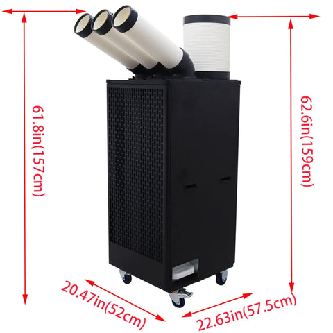 Super Sized 22500 BTU per Hour Portable Air Conditioner Built Heavy Duty For Mechanic Shops And Warehouses To Crush Summer Heat Smooth Without Breaking Sweat, featuring three output tubes and mobile design.