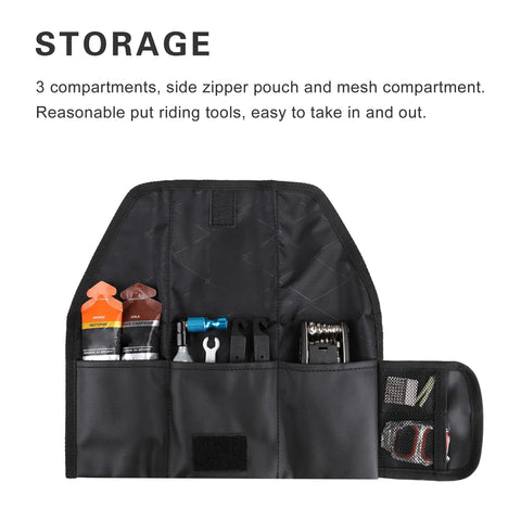 Bike Saddle Bag With Roll Tool Pouch For Mountain Road MTB And Fixed Gear Bikes Dual Compartment Tool Organizer Elastic Straps