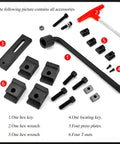 Image of accessories for Built Different Six Inch Heavy Duty Bench Vice including hex keys, wrenches, and T-nuts.